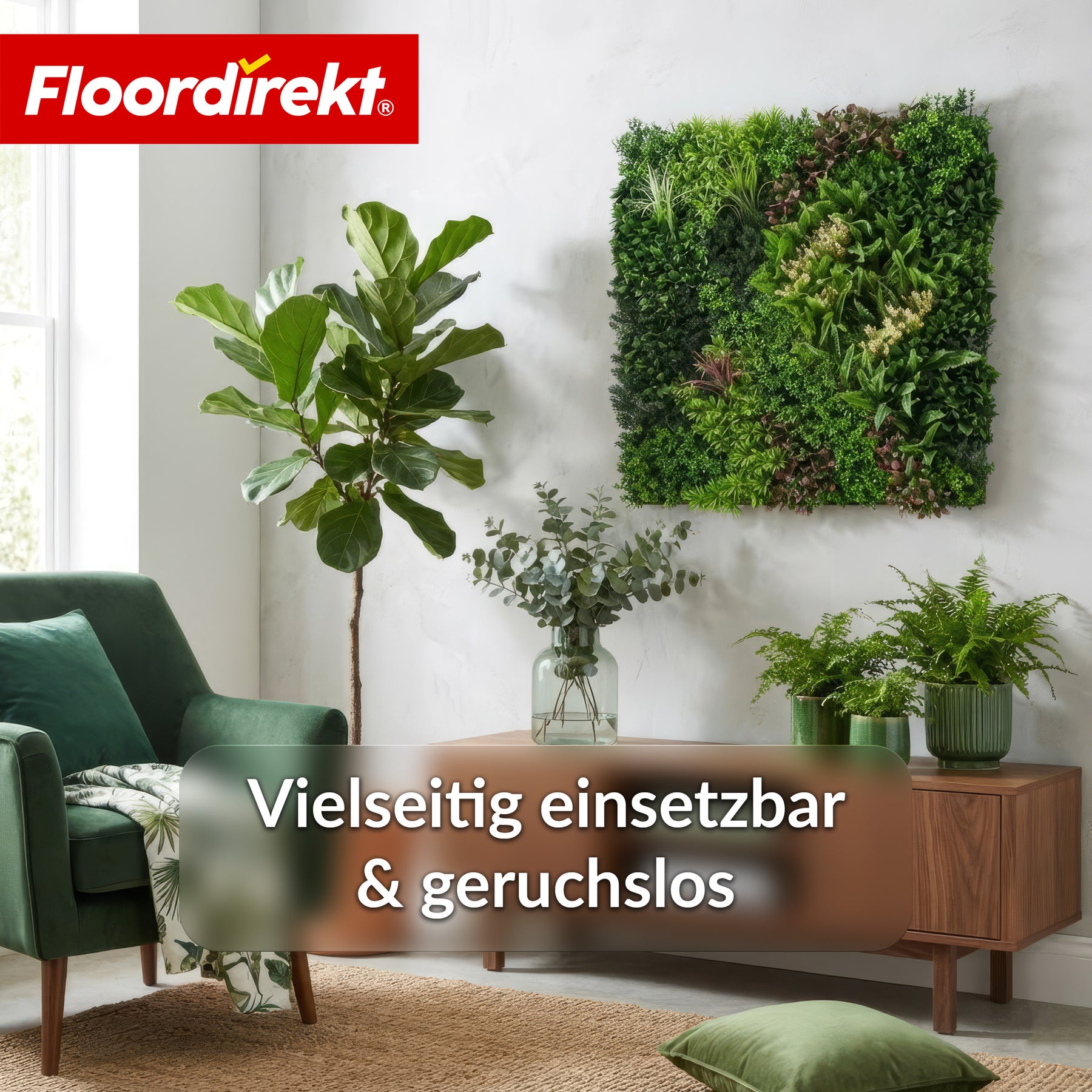 Pflanzenwand | Hera | Natürliches, pflegefreies Kunstpflanzen-Panel | Sonnenbeständig & erweiterbar mit Klick-System | 100 × 100 cm