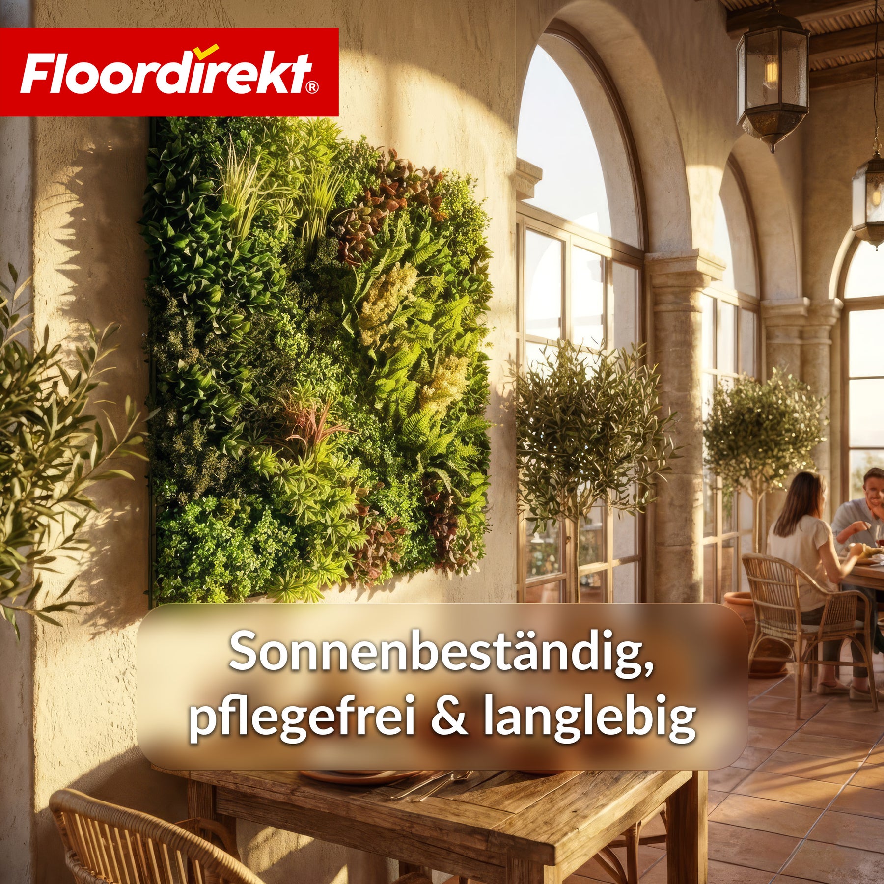 Pflanzenwand | Hera | Natürliches, pflegefreies Kunstpflanzen-Panel | Sonnenbeständig & erweiterbar mit Klick-System | 100 × 100 cm