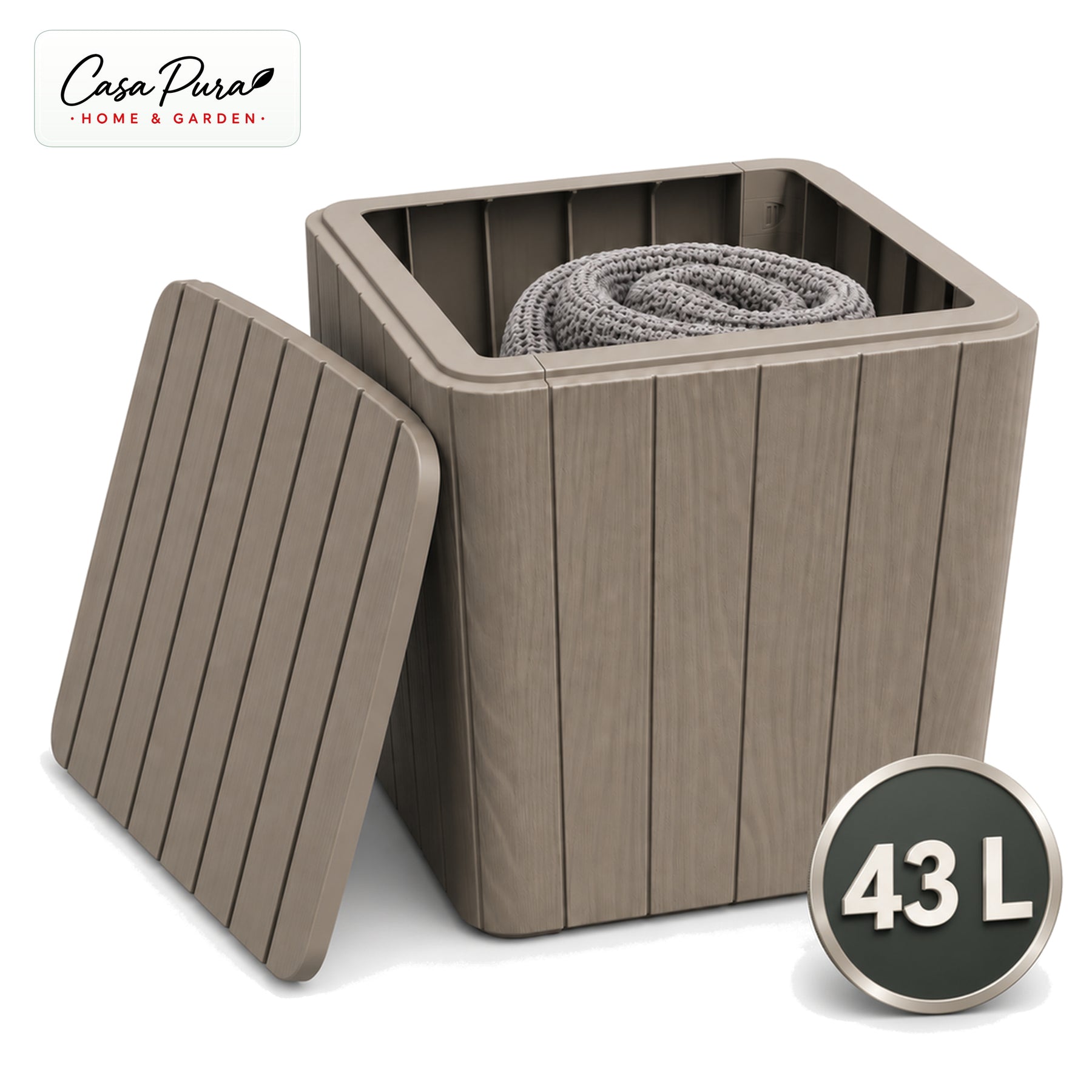 Gartenbox | Porto | Wetterfeste Aufbewahrungsbox 43 L aus Kunststoff in Holzoptik | Als Beistelltisch nutzbar | 2 Farben