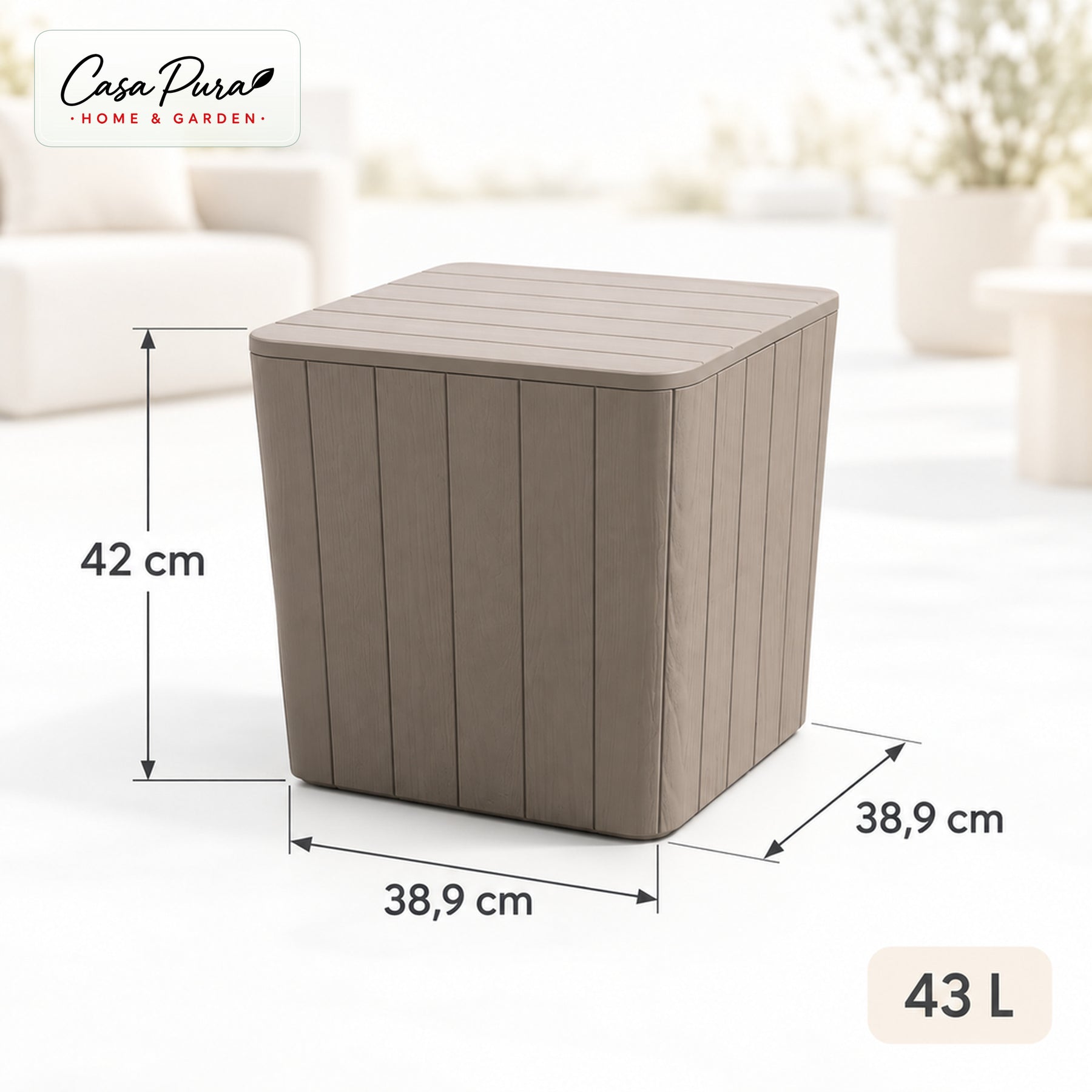 Gartenbox | Porto | Wetterfeste Aufbewahrungsbox 43 L aus Kunststoff in Holzoptik | Als Beistelltisch nutzbar | 2 Farben