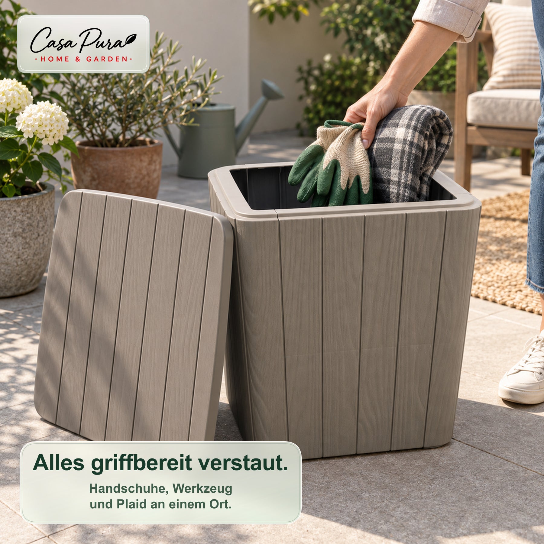Gartenbox | Porto | Wetterfeste Aufbewahrungsbox 43 L aus Kunststoff in Holzoptik | Als Beistelltisch nutzbar | 2 Farben