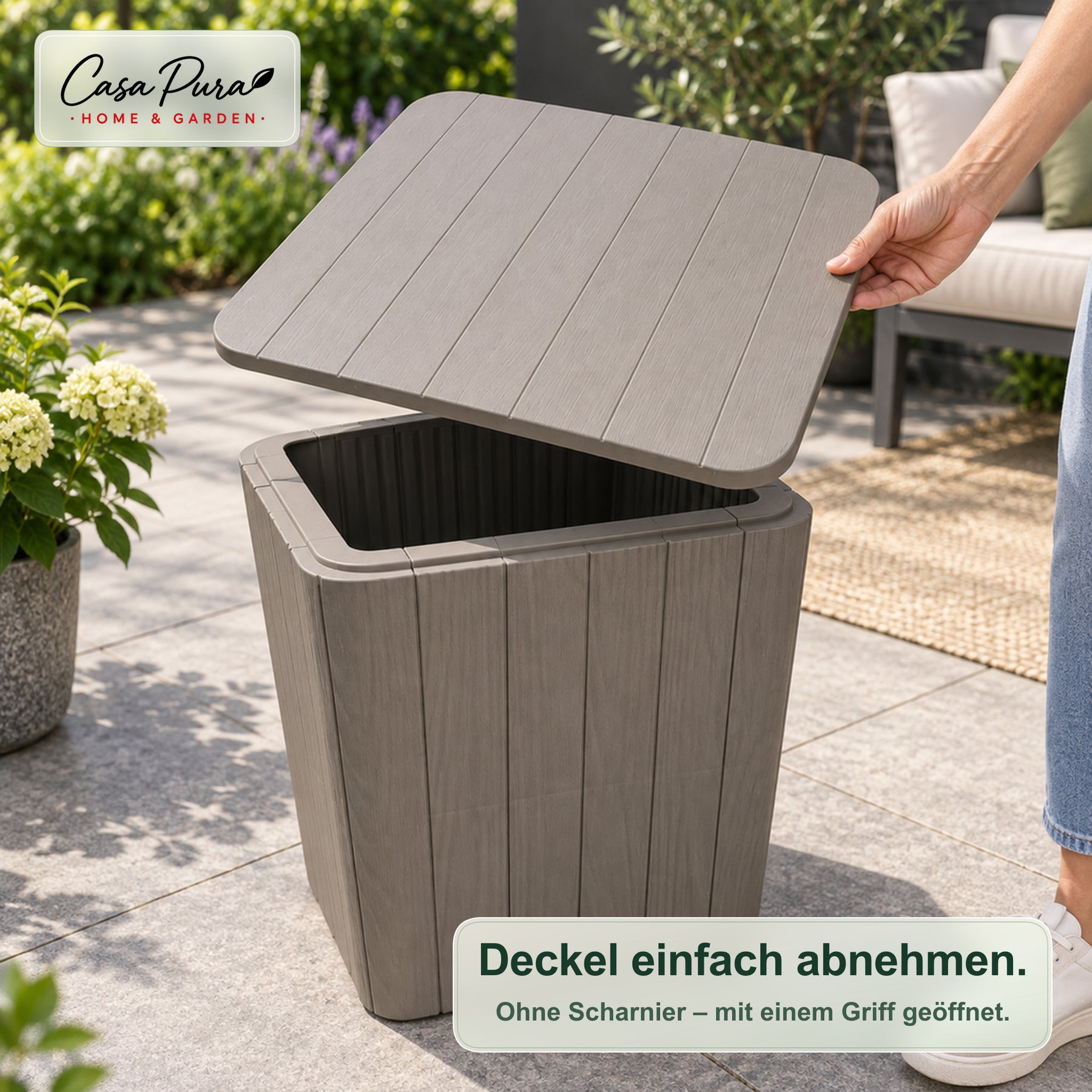 Gartenbox | Porto | Wetterfeste Aufbewahrungsbox 43 L aus Kunststoff in Holzoptik | Als Beistelltisch nutzbar | 2 Farben