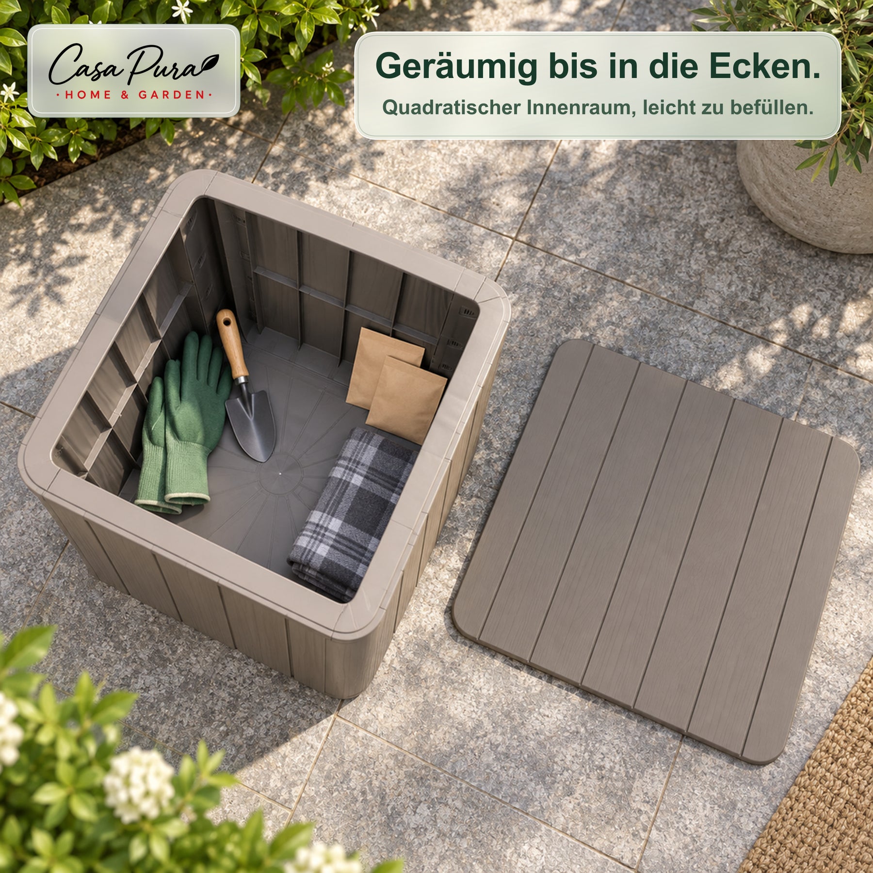 Gartenbox | Porto | Wetterfeste Aufbewahrungsbox 43 L aus Kunststoff in Holzoptik | Als Beistelltisch nutzbar | 2 Farben