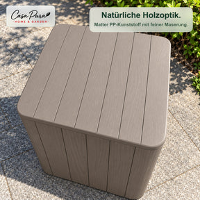 Gartenbox | Porto | Wetterfeste Aufbewahrungsbox 43 L aus Kunststoff in Holzoptik | Als Beistelltisch nutzbar | 2 Farben