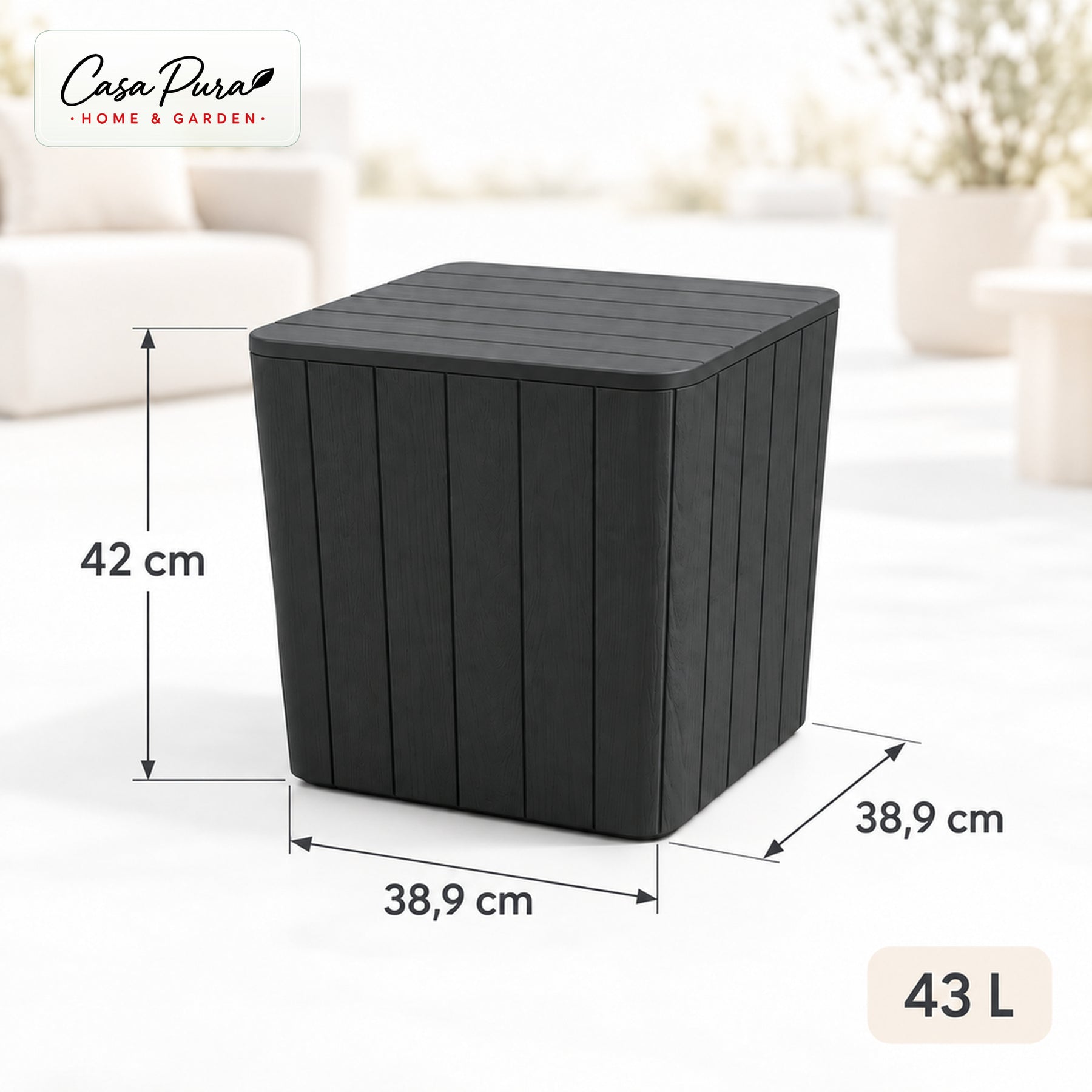 Gartenbox | Porto | Wetterfeste Aufbewahrungsbox 43 L aus Kunststoff in Holzoptik | Als Beistelltisch nutzbar | 2 Farben