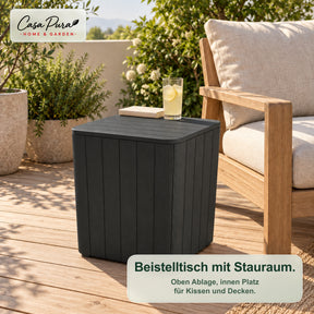 Gartenbox | Porto | Wetterfeste Aufbewahrungsbox 43 L aus Kunststoff in Holzoptik | Als Beistelltisch nutzbar | 2 Farben