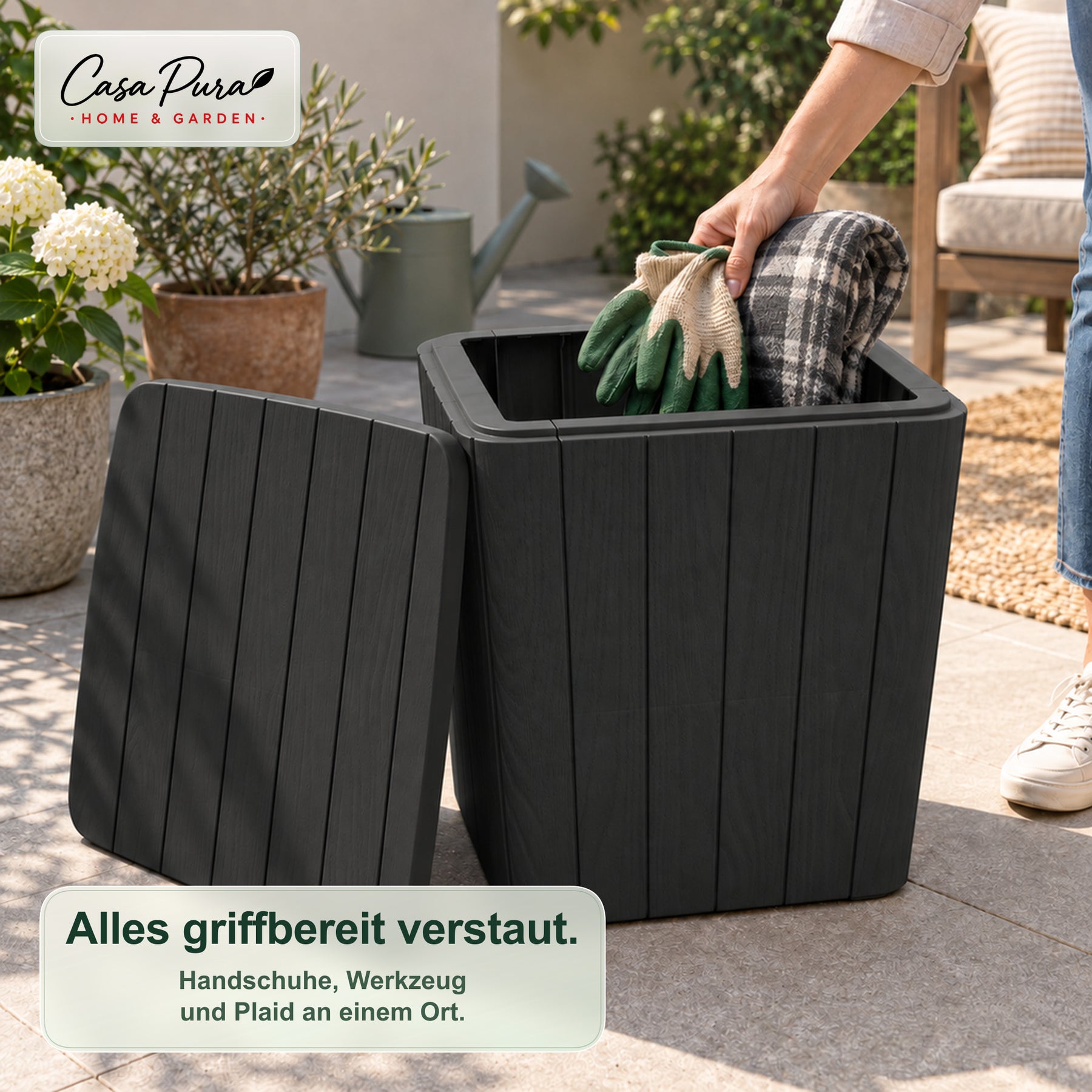 Gartenbox | Porto | Wetterfeste Aufbewahrungsbox 43 L aus Kunststoff in Holzoptik | Als Beistelltisch nutzbar | 2 Farben