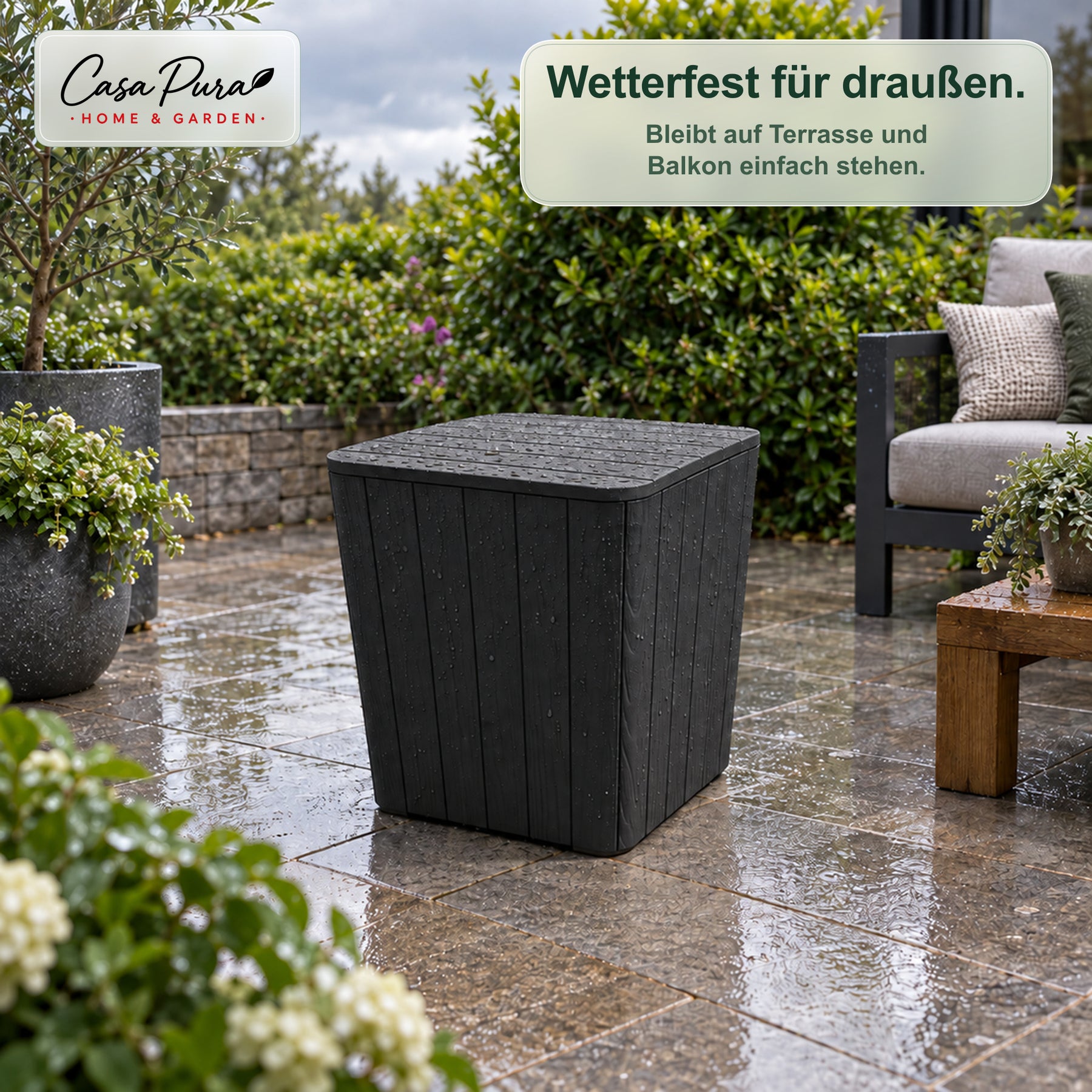 Gartenbox | Porto | Wetterfeste Aufbewahrungsbox 43 L aus Kunststoff in Holzoptik | Als Beistelltisch nutzbar | 2 Farben