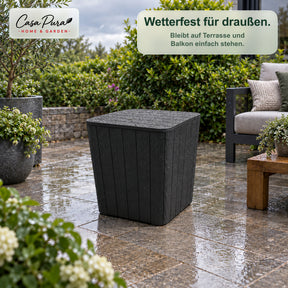 Gartenbox | Porto | Wetterfeste Aufbewahrungsbox 43 L aus Kunststoff in Holzoptik | Als Beistelltisch nutzbar | 2 Farben
