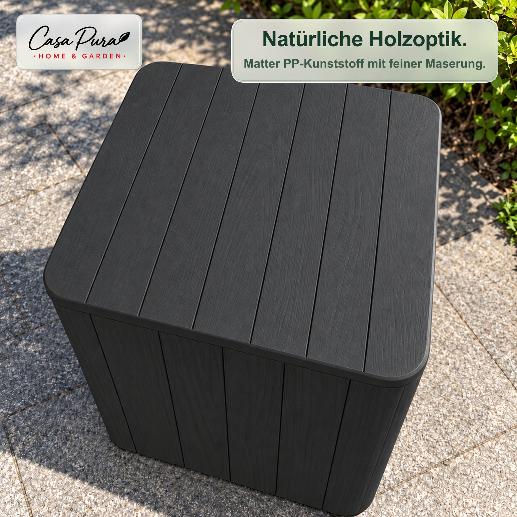 Gartenbox | Porto | Wetterfeste Aufbewahrungsbox 43 L aus Kunststoff in Holzoptik | Als Beistelltisch nutzbar | 2 Farben
