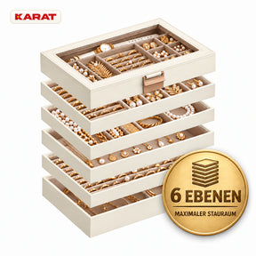 Schmuckkästchen | Liana | Schmuckbox mit Glasdeckel & herausnehmbaren Ebenen | Cremeweiß | 4 oder 6 Ebenen