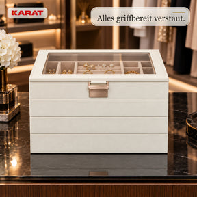 Schmuckkästchen | Liana | Schmuckbox mit Glasdeckel & herausnehmbaren Ebenen | Cremeweiß | 4 oder 6 Ebenen