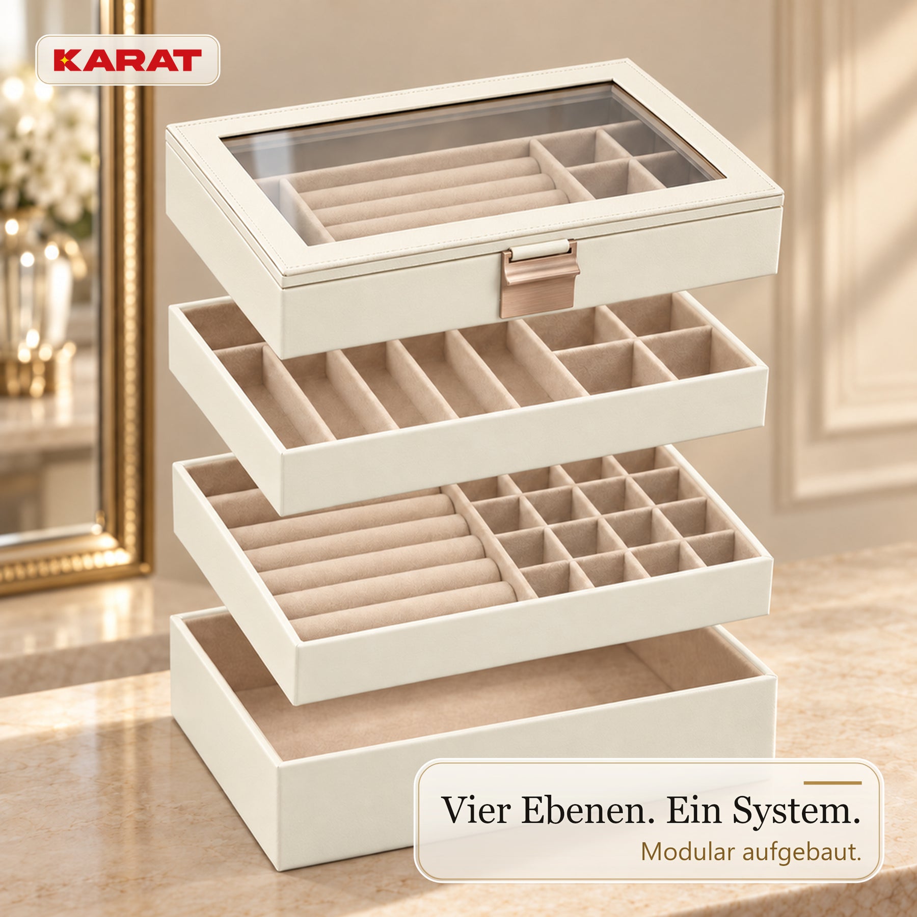 Schmuckkästchen | Liana | Schmuckbox mit Glasdeckel & herausnehmbaren Ebenen | Cremeweiß | 4 oder 6 Ebenen