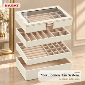 Schmuckkästchen | Liana | Schmuckbox mit Glasdeckel & herausnehmbaren Ebenen | Cremeweiß | 4 oder 6 Ebenen