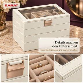 Schmuckkästchen | Liana | Schmuckbox mit Glasdeckel & herausnehmbaren Ebenen | Cremeweiß | 4 oder 6 Ebenen
