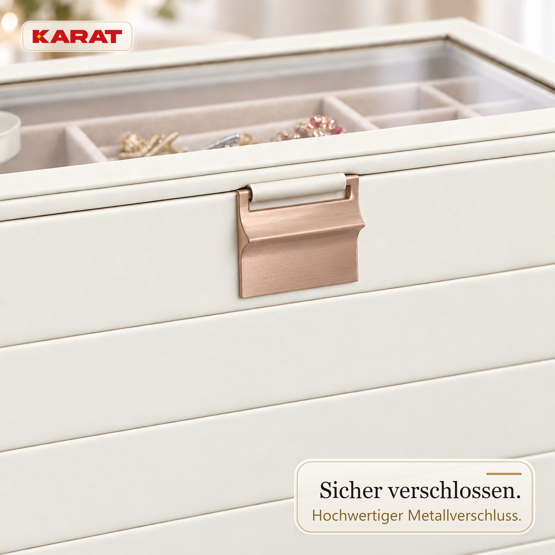 Schmuckkästchen | Liana | Schmuckbox mit Glasdeckel & herausnehmbaren Ebenen | Cremeweiß | 4 oder 6 Ebenen