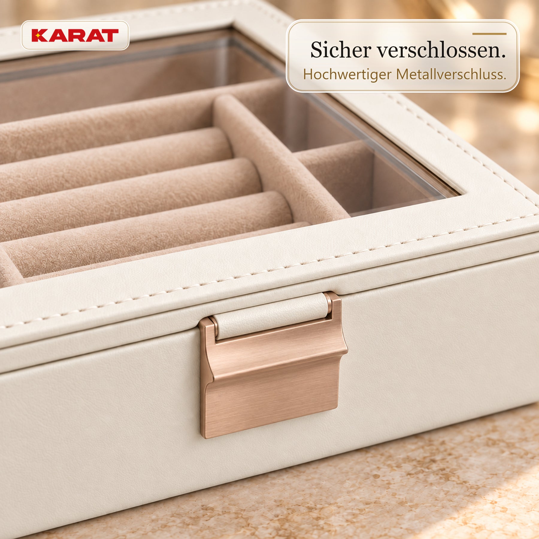 Schmuckkästchen | Liana | Schmuckbox mit Glasdeckel & herausnehmbaren Ebenen | Cremeweiß | 4 oder 6 Ebenen