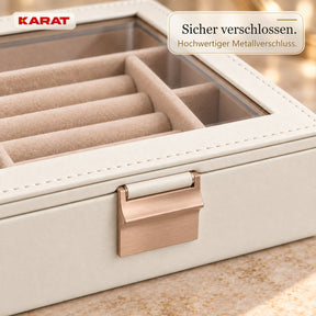 Schmuckkästchen | Liana | Schmuckbox mit Glasdeckel & herausnehmbaren Ebenen | Cremeweiß | 4 oder 6 Ebenen