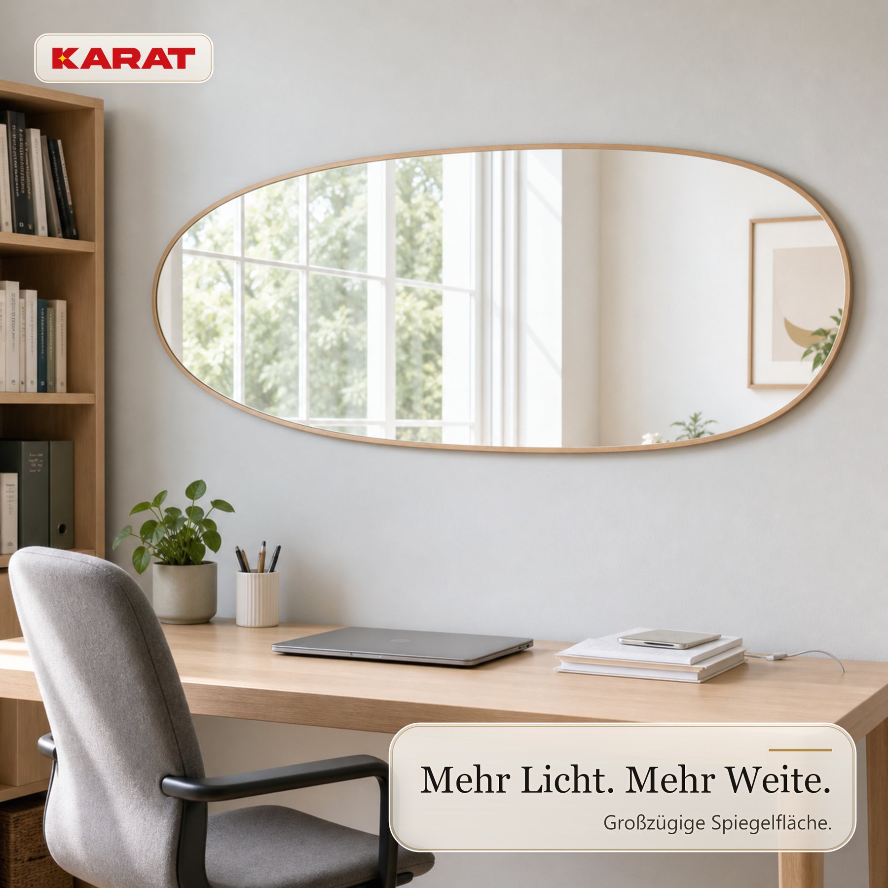 Ganzkörperspiegel | Nina | Organischer Wandspiegel mit Aluminiumrahmen in Holzoptik | 60 × 150 cm