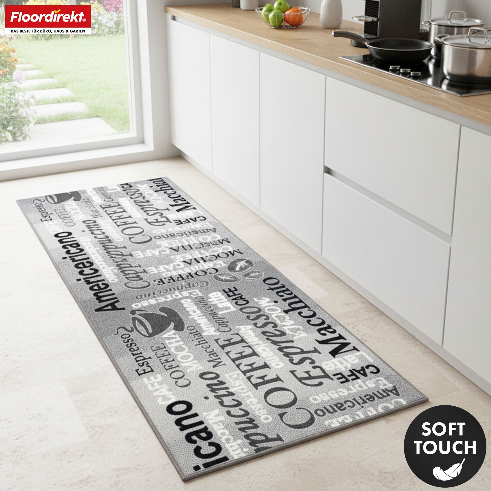 Teppichläufer | Coffee | Moderner Küchenläufer mit Kaffee-Motiven | Rutschfest, strapazierfähig & pflegeleicht