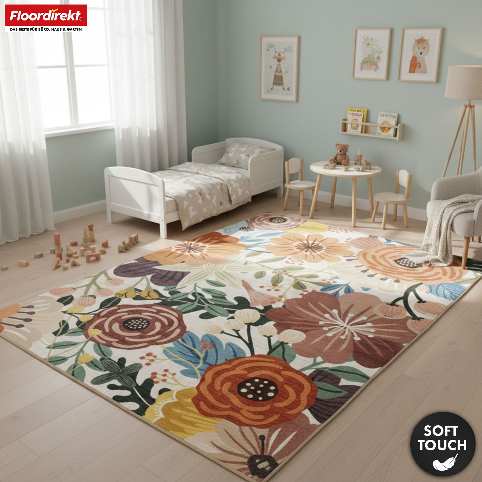 Wohnteppich | Fleur | Moderner Teppich mit farbenfrohem Blumen-Design | Rutschfest, strapazierfähig & pflegeleicht | Verschiedene Größen verfügbar