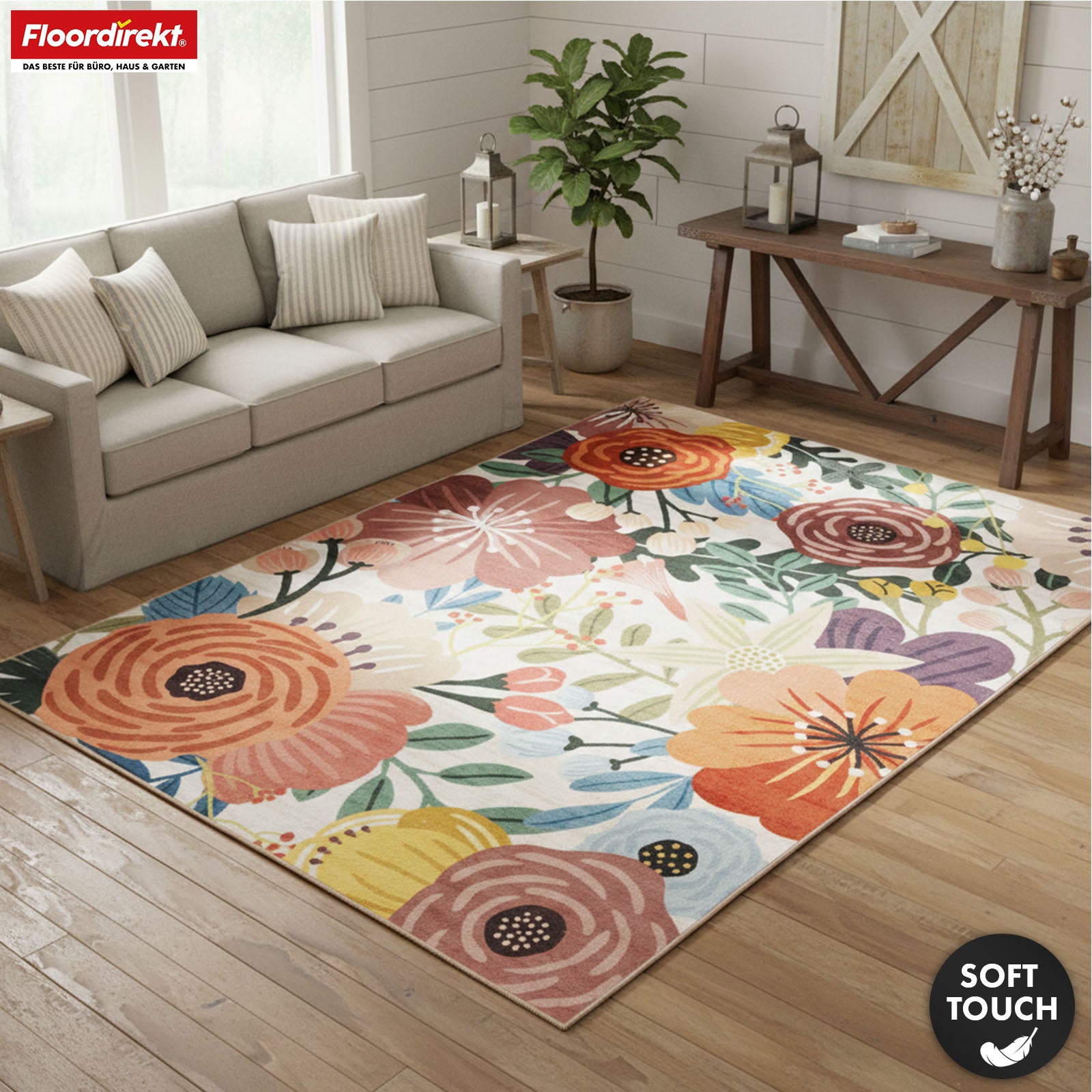 Wohnteppich | Fleur | Moderner Teppich mit farbenfrohem Blumen-Design | Rutschfest, strapazierfähig & pflegeleicht | Verschiedene Größen verfügbar
