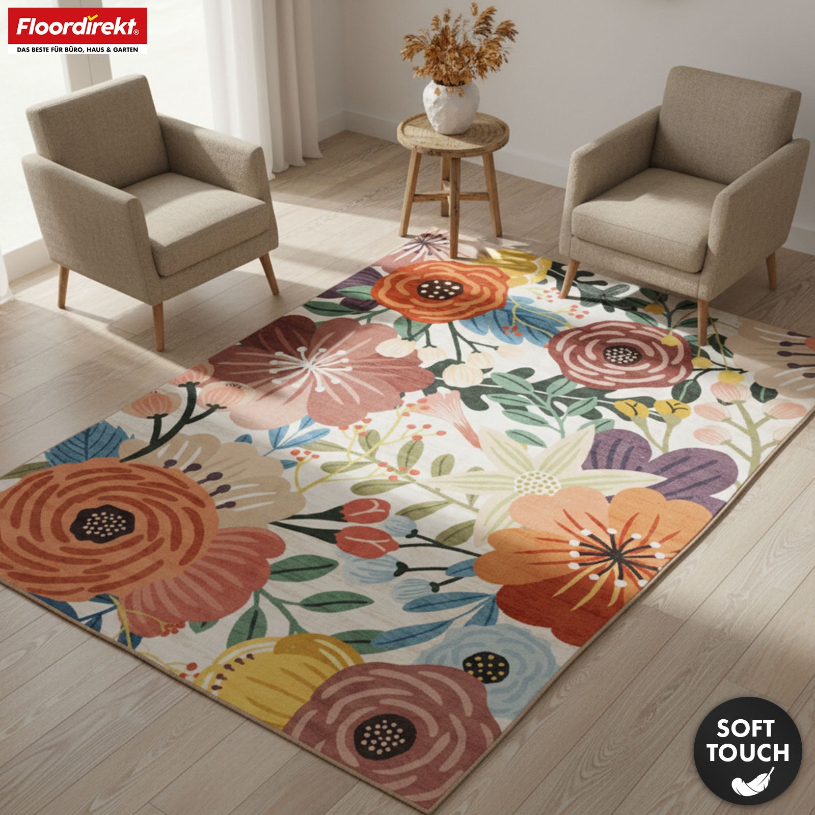 Wohnteppich | Fleur | Moderner Teppich mit farbenfrohem Blumen-Design | Rutschfest, strapazierfähig & pflegeleicht | Verschiedene Größen verfügbar